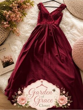 JJs House Burgundy V-Neck Lace Bodice A-Line Wedding Dress